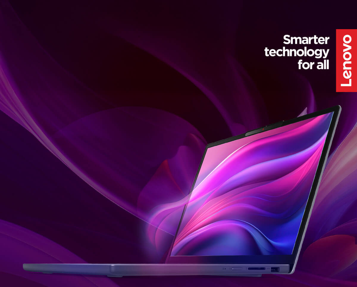 Notebook Lenovo com tela roxa vibrante e slogan “Tecnologia mais inteligente para todos”, design moderno e elegante para uso profissional e diário.