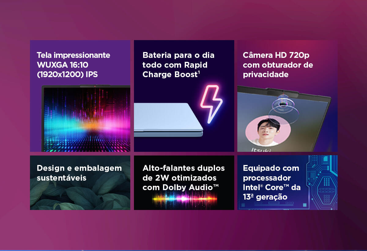 Notebook com tela IPS WUXGA (1920x1200) 16:10, bateria com carregamento rápido Rapid Charge Boost, webcam HD 720p com obturador de privacidade, alto-falantes duplos de 2W com Dolby Audio, design sustentável e processador Intel Core de 13ª geração.