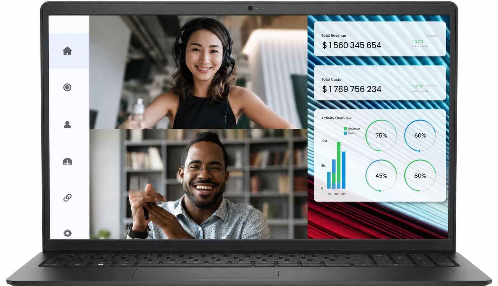 Atualização do Dell Vostro 3520 - notebook exibindo videochamada com dois profissionais e painel de métricas financeiras, ilustrando guia técnico, upgrade de hardware e opções reais de desempenho.