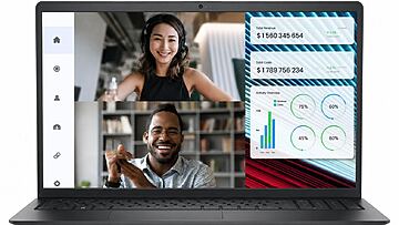 Atualização do Dell Vostro 3520 - notebook exibindo videochamada com dois profissionais e painel de métricas financeiras, ilustrando guia técnico, upgrade de hardware e opções reais de desempenho.