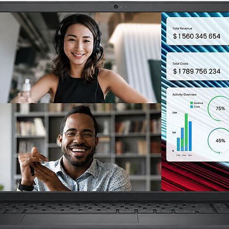 Atualização do Dell Vostro 3520 - notebook exibindo videochamada com dois profissionais e painel de métricas financeiras, ilustrando guia técnico, upgrade de hardware e opções reais de desempenho.