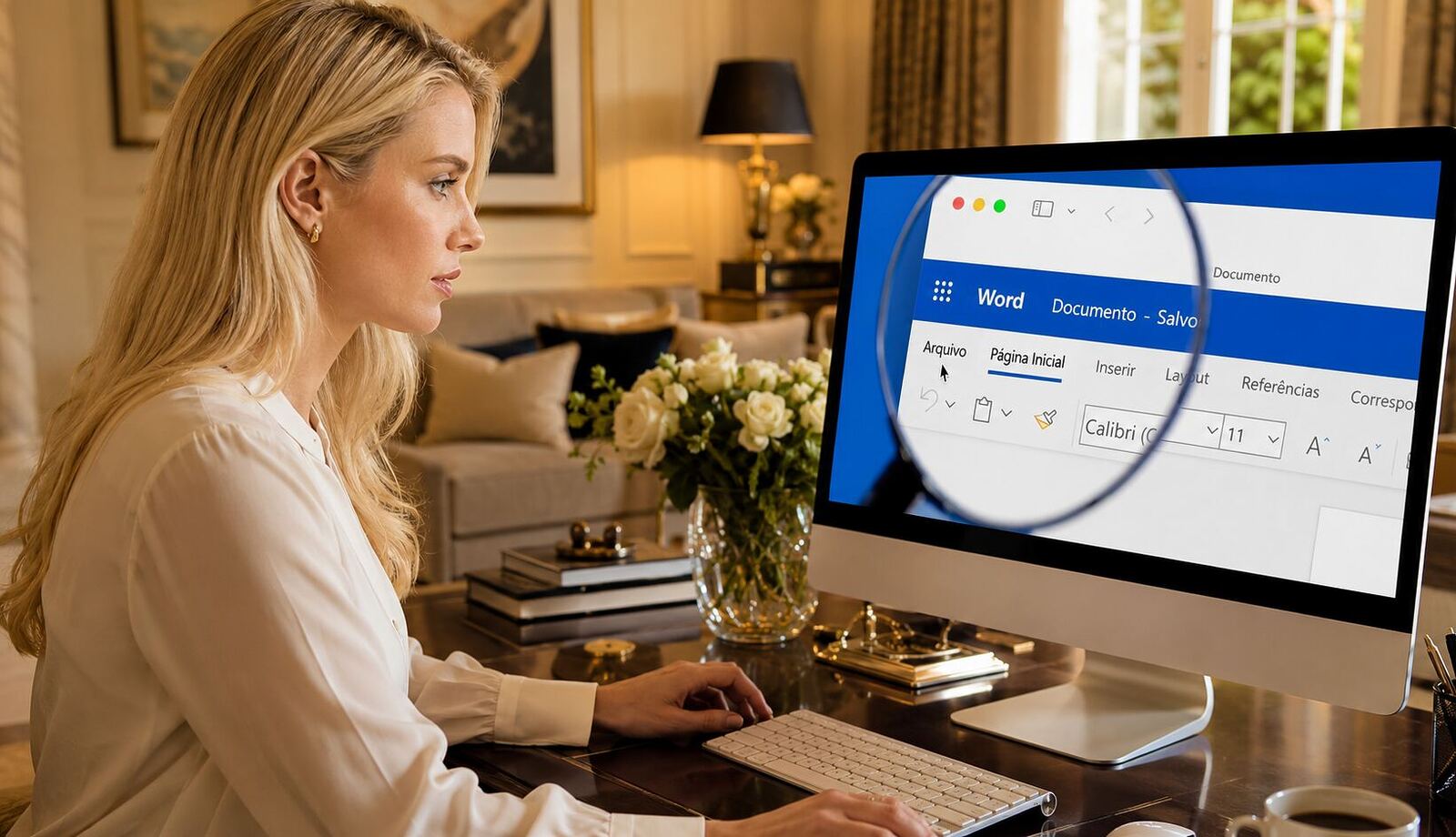 Eliminar metadados Word - Mulher trabalhando em um computador com o Microsoft Word aberto enquanto revisa as opções de menu, ilustrando como remover corretamente os metadados no Word para proteger a privacidade do documento.