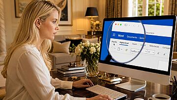 Eliminar metadados Word - Mulher trabalhando em um computador com o Microsoft Word aberto enquanto revisa as opções de menu, ilustrando como remover corretamente os metadados no Word para proteger a privacidade do documento.