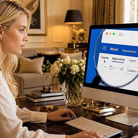 Eliminar metadados Word antes de compartilhar arquivos 1 Eliminar metadados Word - Mulher trabalhando em um computador com o Microsoft Word aberto enquanto revisa as opções de menu, ilustrando como remover corretamente os metadados no Word para proteger a privacidade do documento.