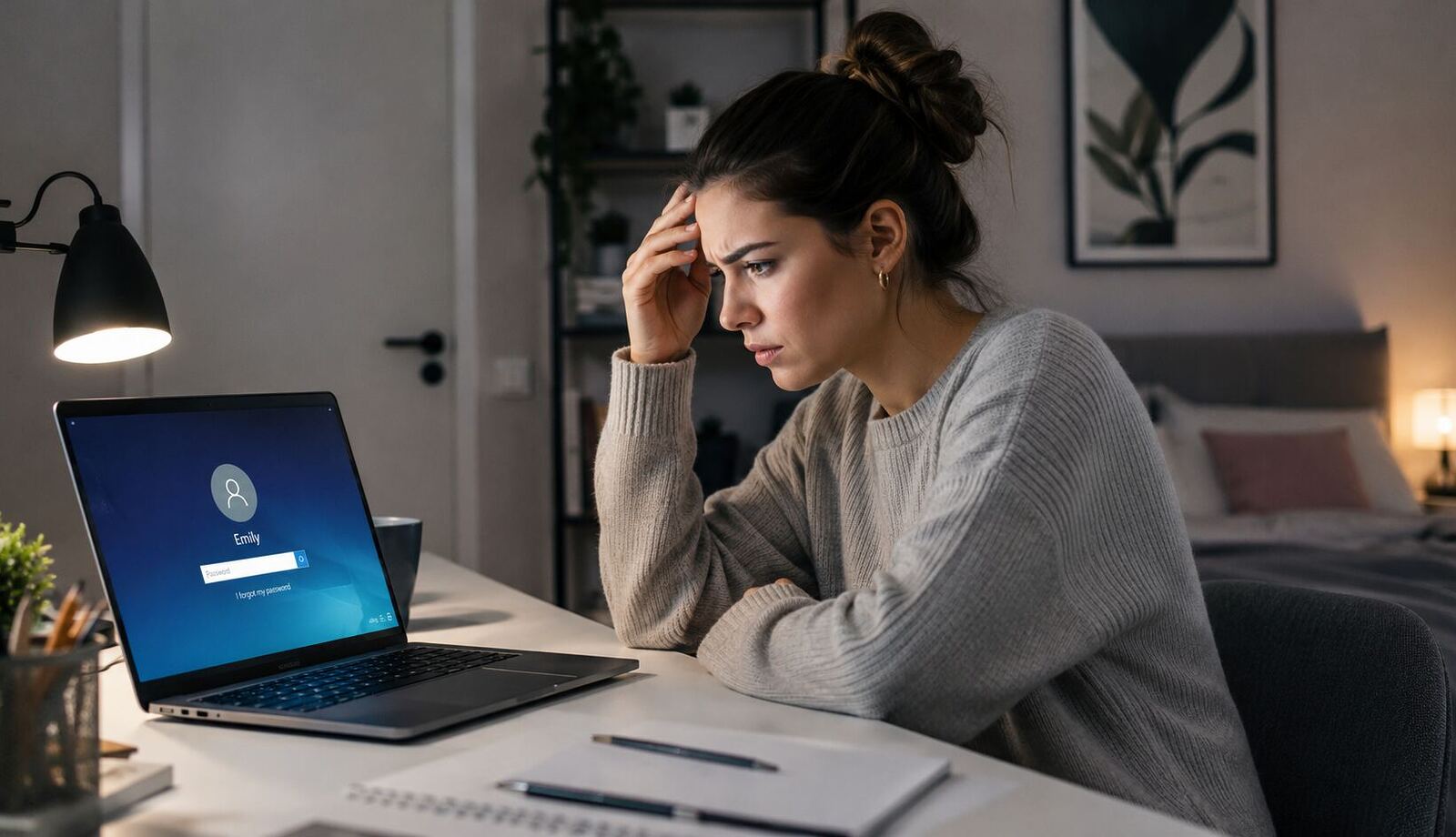 Recuperar senha do Windows sem perder seus dados 4 Recuperar senha do Windows - Mulher preocupada tentando acessar notebook na tela de login do Windows, ilustrando como recuperar senha do Windows sem perder seus dados.