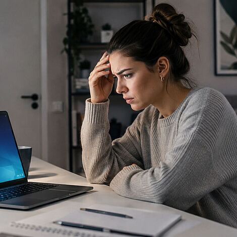 Recuperar senha do Windows - Mulher preocupada tentando acessar notebook na tela de login do Windows, ilustrando como recuperar senha do Windows sem perder seus dados.