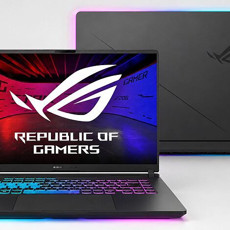 ASUS ROG Strix G16: abertura, upgrades e análise 1 ASUS ROG Strix G16 aberto, com teclado RGB iluminado e logotipo Republic of Gamers na tela, destacando abertura, upgrades e análise do notebook gamer.