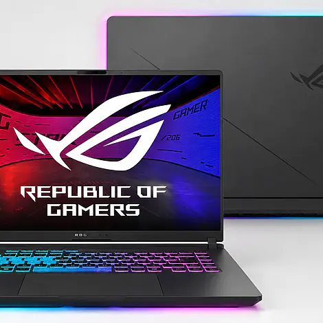 ASUS ROG Strix G16: abertura, upgrades e análise 1 ASUS ROG Strix G16 aberto, com teclado RGB iluminado e logotipo Republic of Gamers na tela, destacando abertura, upgrades e análise do notebook gamer.