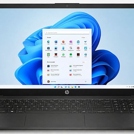 Configurações do HP 15: HP 15 notebook com Windows 11 na tela inicial, mostrando design moderno e teclado completo - guia de configurações do HP 15 e qual versão vale a pena comprar